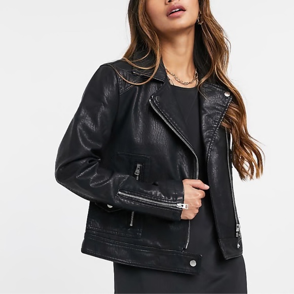 Topshop Black Leather Biker Jacket - Picture 1 of 5